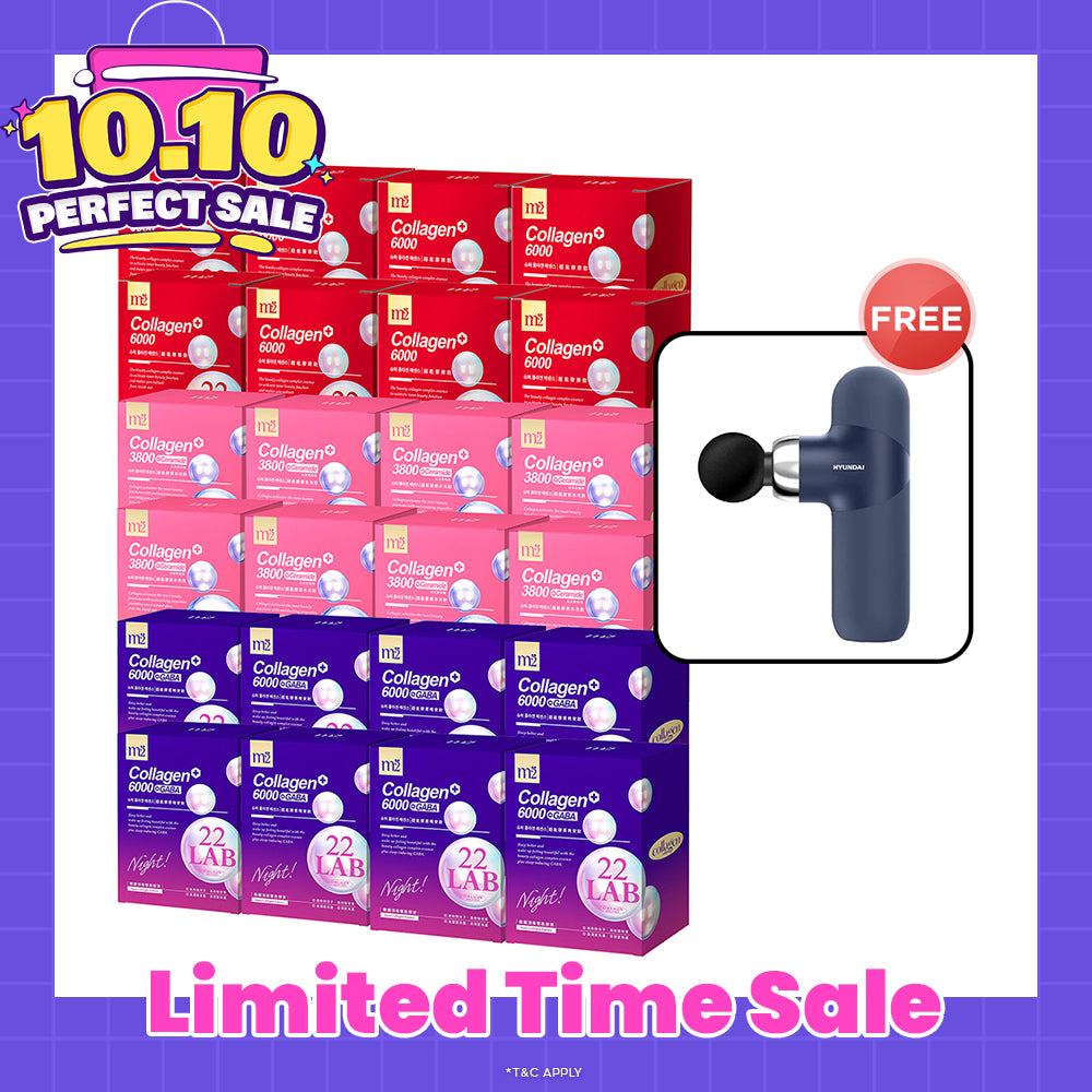 M2 22Lab Super Collagen Drink (6000mg 8s / Night + Gaba 8s / 3800+Ceramide 8s / 3800+Pearl Nest 8s) x 24 Boxes + Free Hyundai PMS-019 Mini Massage Gun
