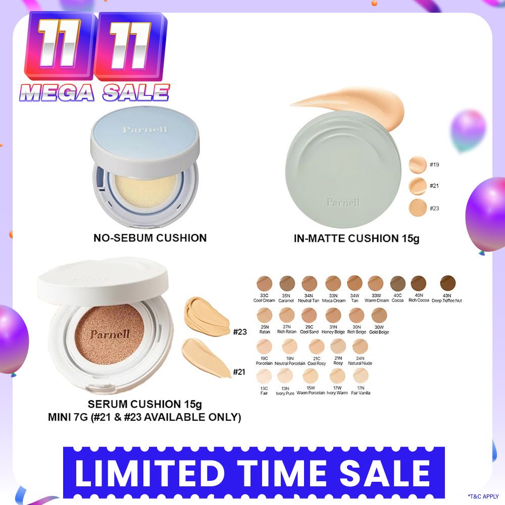Parnell Glacial Biome Water No-Sebum Cushion 10g / Cicamanu Serum Cushion 15g (27 shades) / In-Matte 15g (3 shades)
