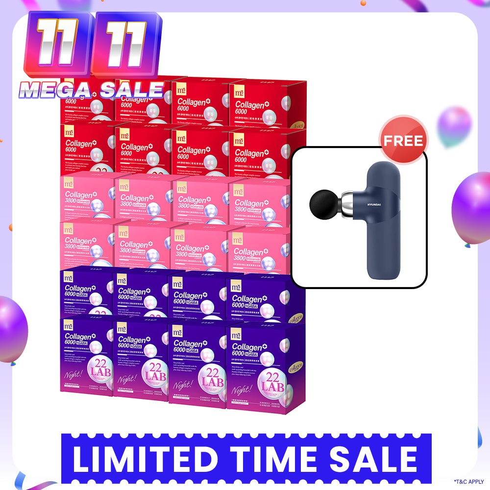 M2 22Lab Super Collagen Drink (6000mg 8s / Night + Gaba 8s / 3800+Ceramide 8s / 3800+Pearl Nest 8s) x 24 Boxes + Free Hyundai PMS-019 Mini Massage Gun