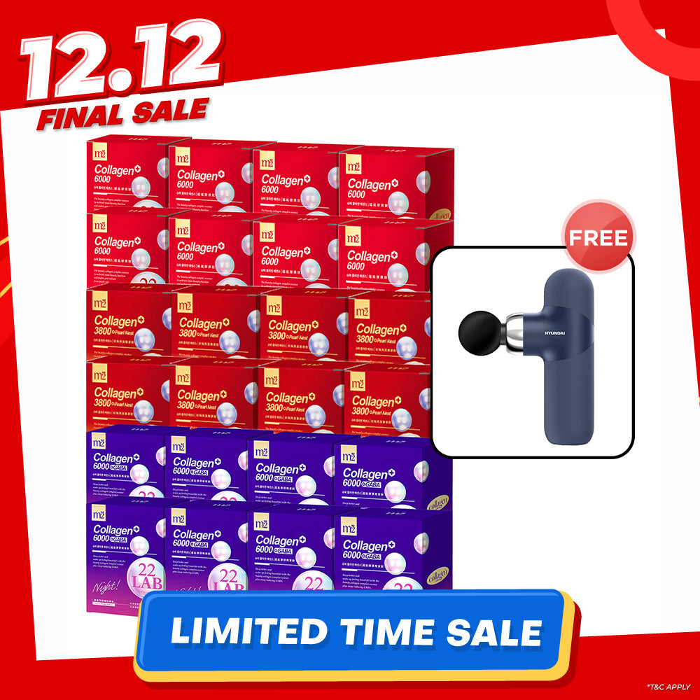 M2 22Lab Super Collagen Drink (6000mg 8s / Night + Gaba 8s / 3800+Ceramide 8s / 3800+Pearl Nest 8s) x 24 Boxes + Free Hyundai PMS-019 Mini Massage Gun