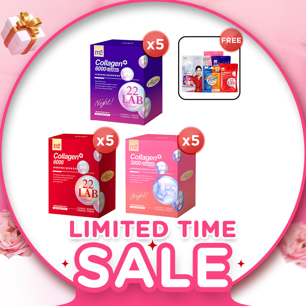 【Bundle Of 5】M2 22Lab Super Collagen Drink 8s (6000mg Drink 8s / Drink+GABA 8s / 3800 + Ceramide Drink 8s) + FREE M2 Slim+ Booster EX x 6 tablets + Firm ABS EX x 6 tablets + FREE Collagen Drink Trial Set