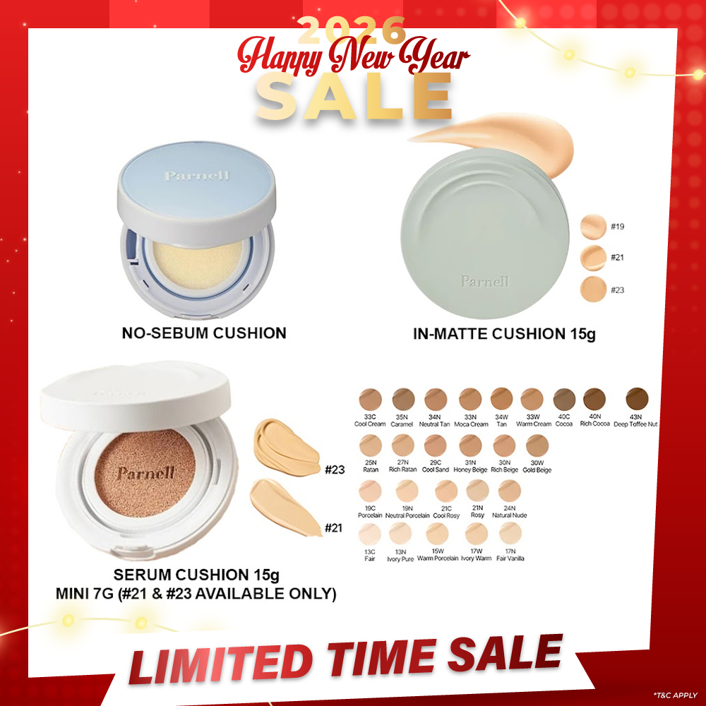 Parnell Glacial Biome Water No-Sebum Cushion 10g / Cicamanu Serum Cushion 15g (27 shades) / In-Matte 15g (3 shades)