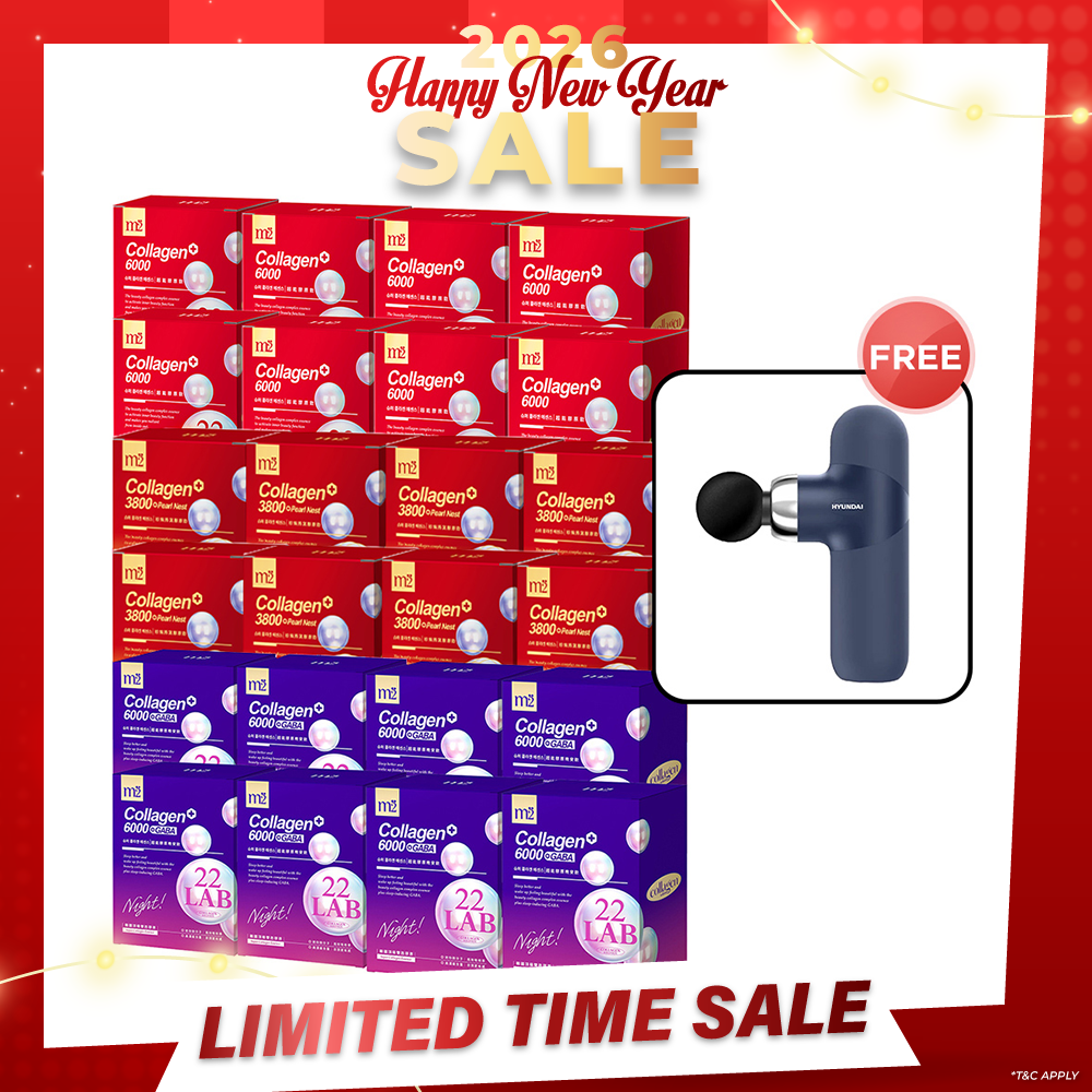 M2 22Lab Super Collagen Drink (6000mg 8s / Night + Gaba 8s / 3800+Pearl Nest 8s) x 24 Boxes + Free Hyundai PMS-019 Mini Massage Gun