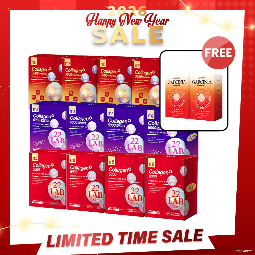 M2 22Lab Super Collagen Drink (6000mg 8s / Night + Gaba 8s / 3800+Pearl Nest 8s) x 12 Boxes + FREE Ujuwon Garcinia Complex 30s x 2