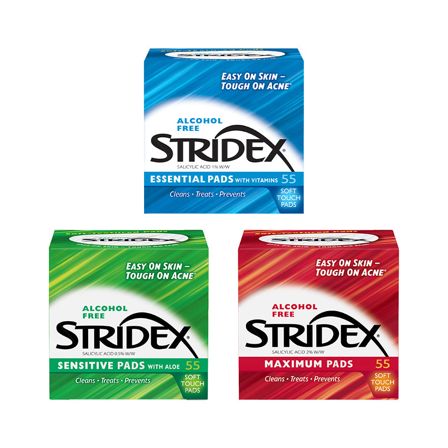 Stridex Acne Control Pads with Salicylic Acid (Sensitive 55s + Maximum 55s) + Essential Pads with Vitamins 55s