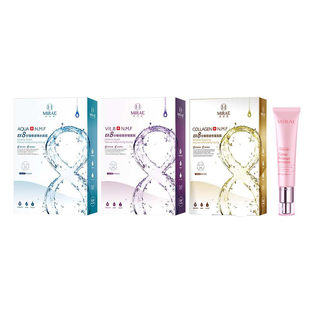 MIRAE Ex8 Minutes Hydrating Mask 5s + Soothing Mask 5s + Repairing Mask 5s + Tone Up Glow Primer Dreamy Pink 30ml