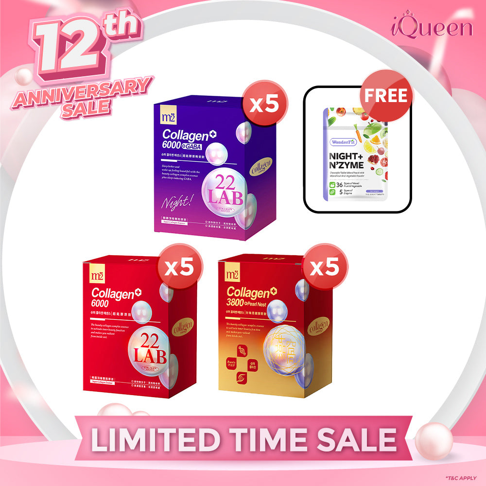 【Bundle Of 5】M2 22Lab Super Collagen Drink 8s (6000mg Drink 8s / Drink+GABA 8s / 3800 +Pearl Nest 8s) + FREE Wonderfit Night + N'zyme 7 Days Trial Pack 7 Tablets