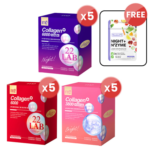 【Bundle Of 5】M2 22Lab Super Collagen Drink 8s (6000mg Drink 8s / Drink+GABA 8s / 3800 +Pearl Nest 8s) + FREE Wonderfit Night + N'zyme 7 Days Trial Pack 7 Tablets