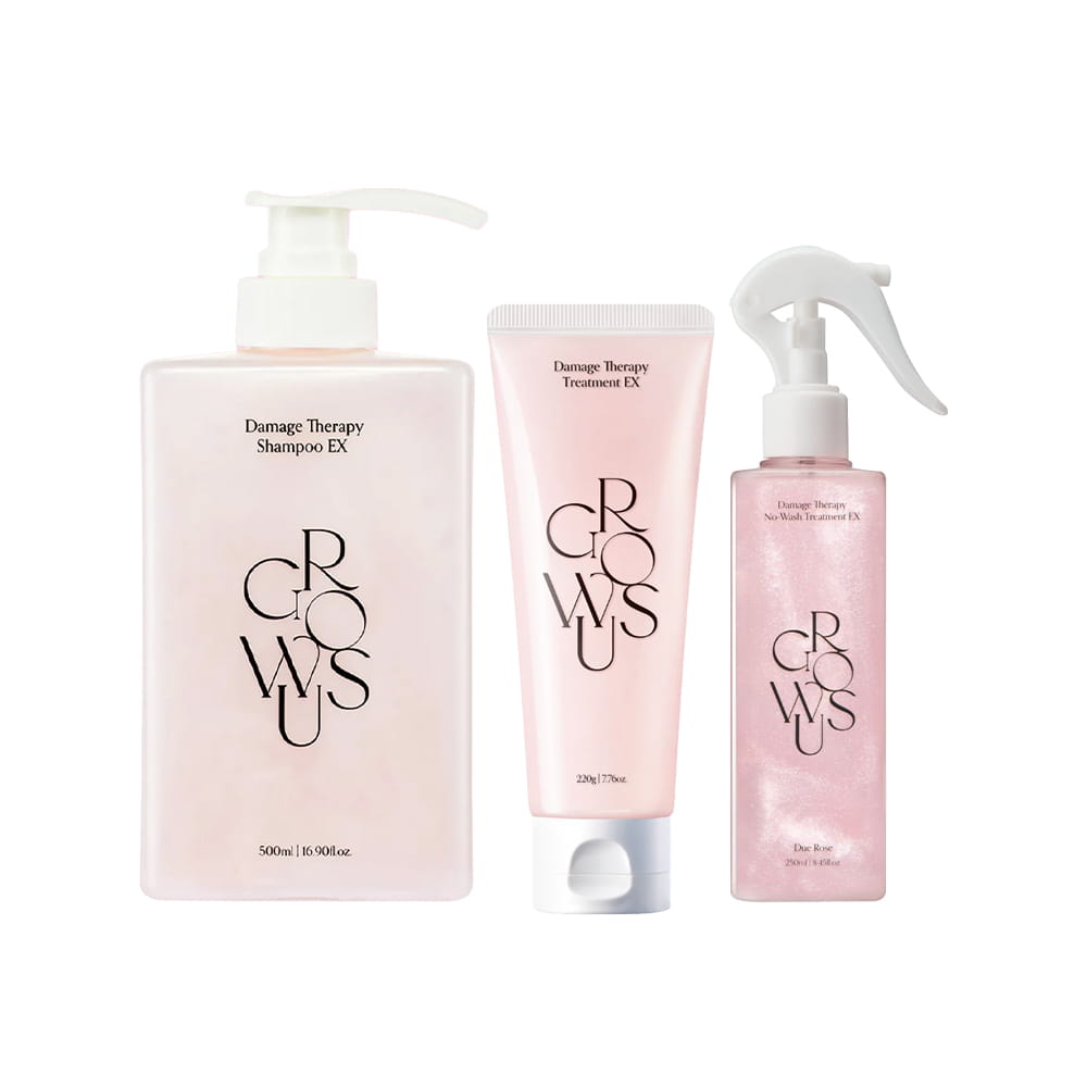 Growus Damage Therapy Shampoo EX 500ml + Therapy Treatment EX 220g + No-Wash Treatment EX Due Rose 250ml