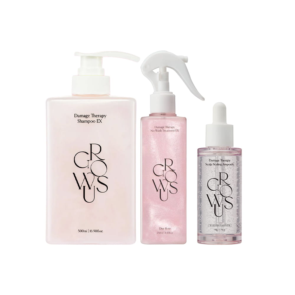 Growus Damage Therapy Shampoo EX 500ml + No-Wash Treatment EX Due Rose 250ml + Scalp Scaling Ampoule 50g