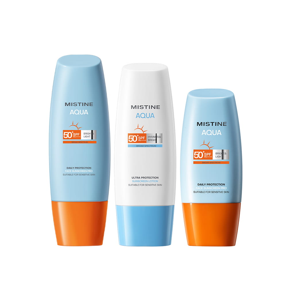 【Bundle of 3】Mistine Aqua Base Daily Protection Bright & Light Face Sunscreen Pro SPF50+ Pa++++ 40ml + Bright & Light Face Sunscreen Pro SPF50+ Pa++++  90ml + Hydrate & Bright Sunscreen SPF50+ PA+++ 70ml