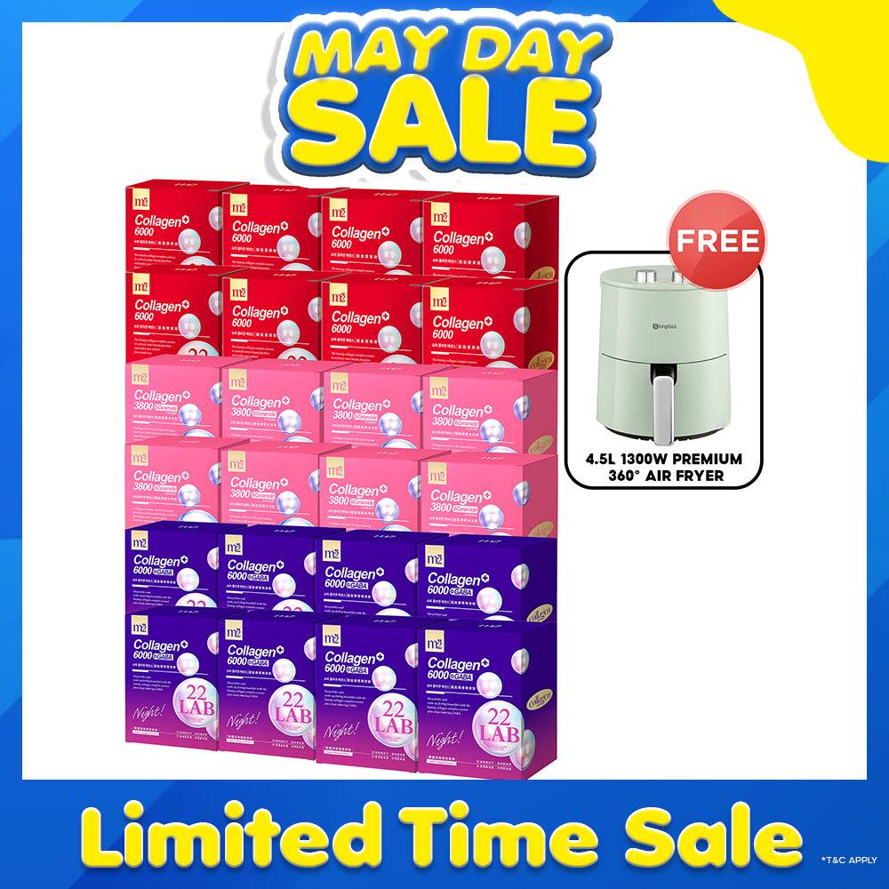 M2 22Lab Super Collagen Drink 8s x 8 Boxes + M2 22 Lab Super Collagen Night Drink + GABA 8s x 8 Boxes + M2 Super Collagen 3800 + Ceramide Drink 8s x 8 Boxes + FREE 4.5L 1300W Premium 360° Air Fryer
