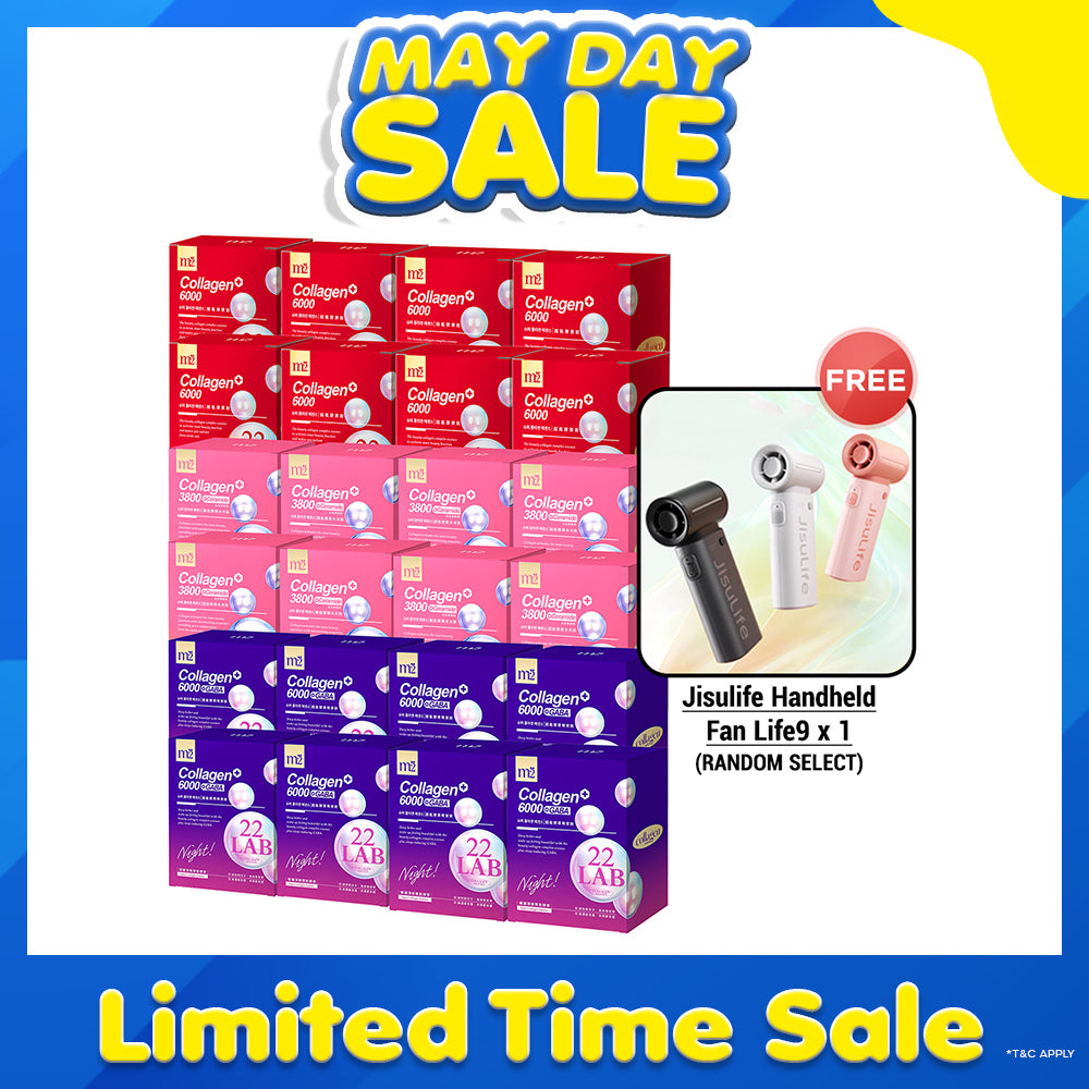 【Flash Sale】M2 22Lab Super Collagen Drink 8s x 8 Boxes + M2 22 Lab Super Collagen Night Drink + GABA 8s x 8 Boxes + M2 Super Collagen 3800 + Ceramide Drink 8s x 8 Boxes + Free Jisulife Handheld Fan Life9 x 1 (Random Select)