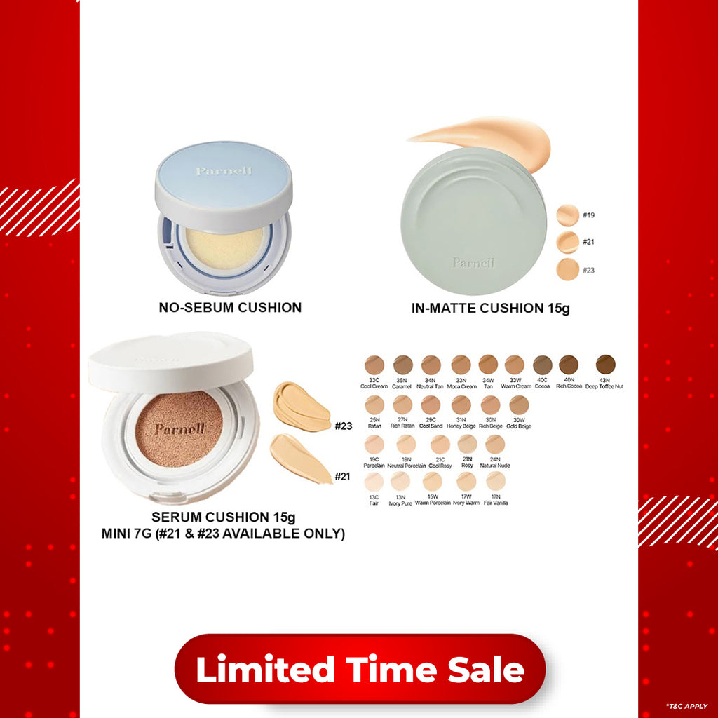 Parnell Glacial Biome Water No-Sebum Cushion 10g / Cicamanu Serum Cushion 15g (27 shades) / In-Matte 15g (3 shades)
