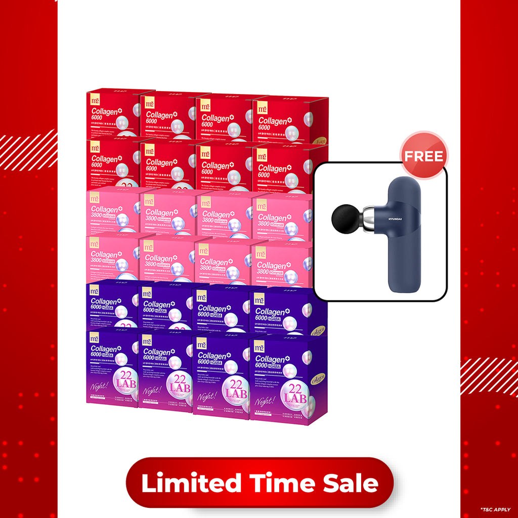 【Bundle of 24】M2 22Lab Super Collagen Drink (6000mg 8s / Night + Gaba 8s / 3800 + Ceramide / 3800+Pearl Nest 8s) x 24 Boxes + Free Hyundai PMS-019 Mini Massage Gun