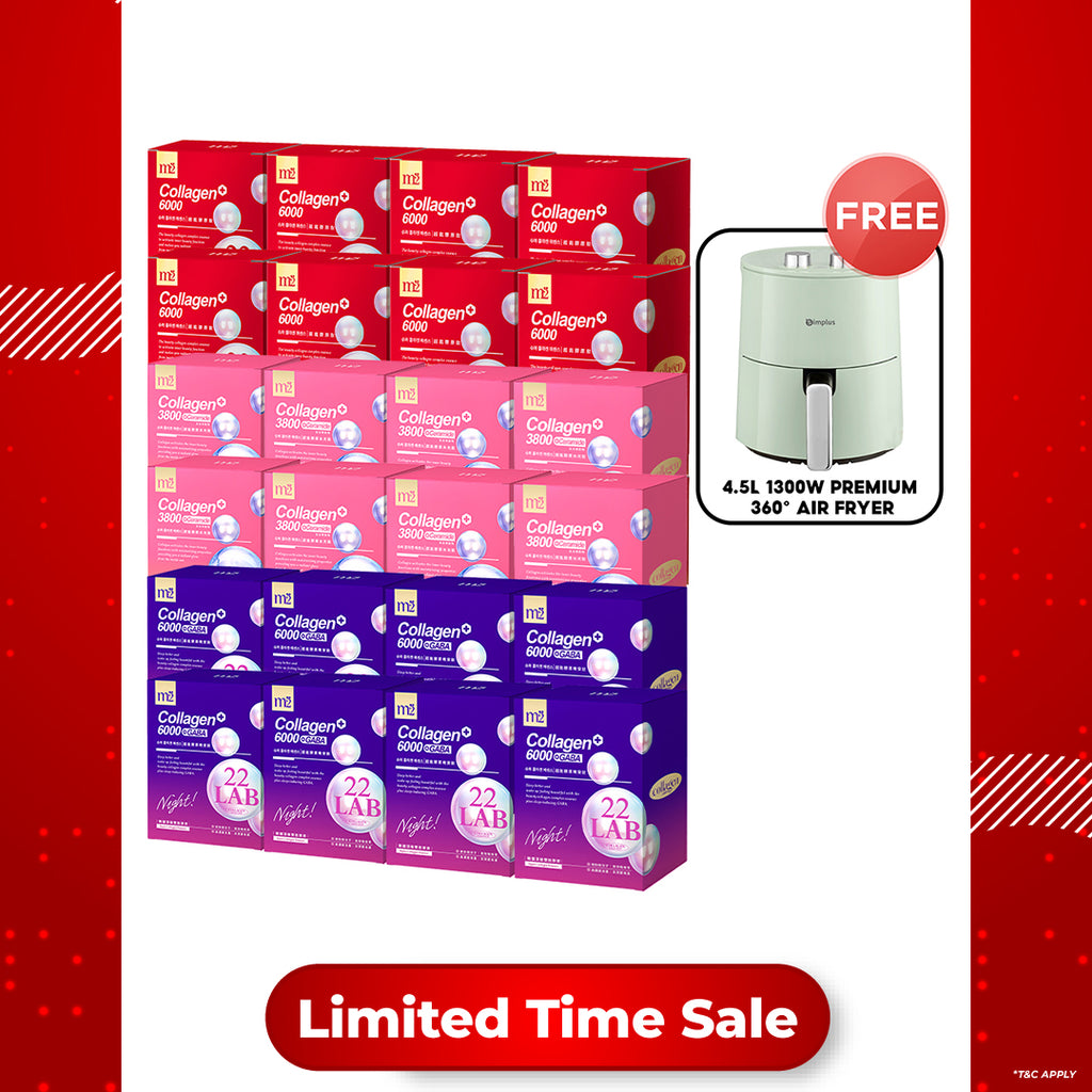 【Bundle of 24】M2 22Lab Super Collagen Drink (6000mg 8s / Night + Gaba 8s / 3800 + Ceramide / 3800+Pearl Nest 8s) x 24 Boxes + FREE 4.5L 1300W Premium 360° Air Fryer × 1