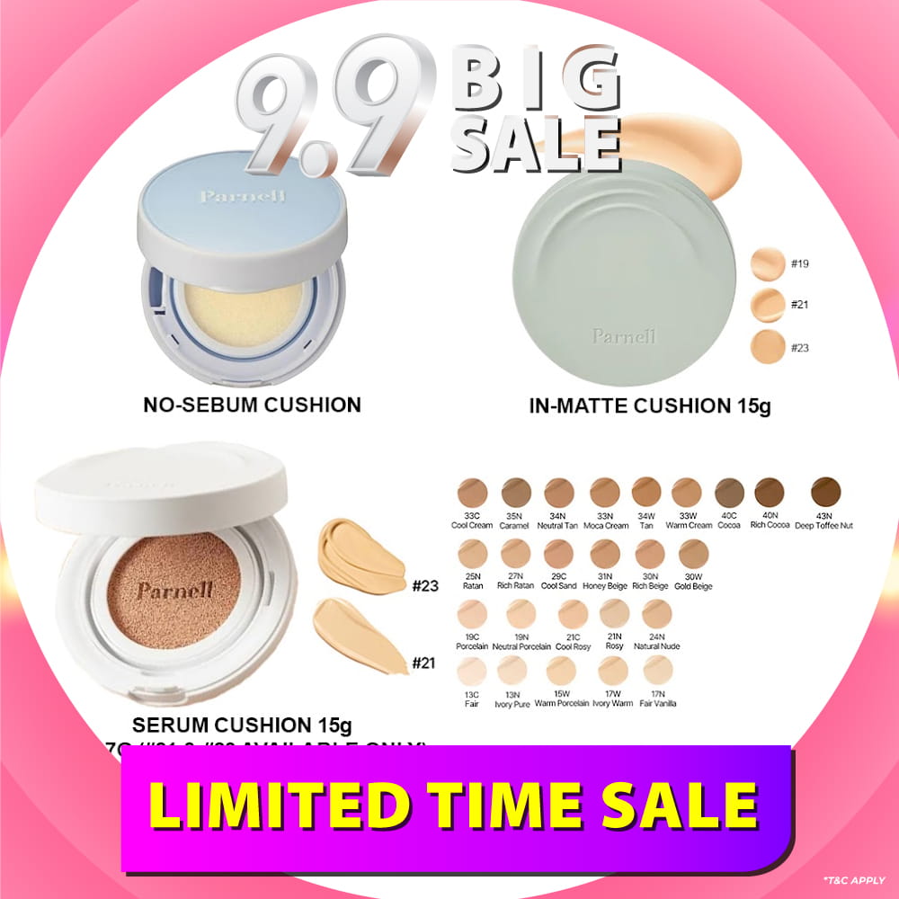 Parnell Glacial Biome Water No-Sebum Cushion 10g / Cicamanu Serum Cushion 15g (27 shades) / In-Matte 15g (3 shades)