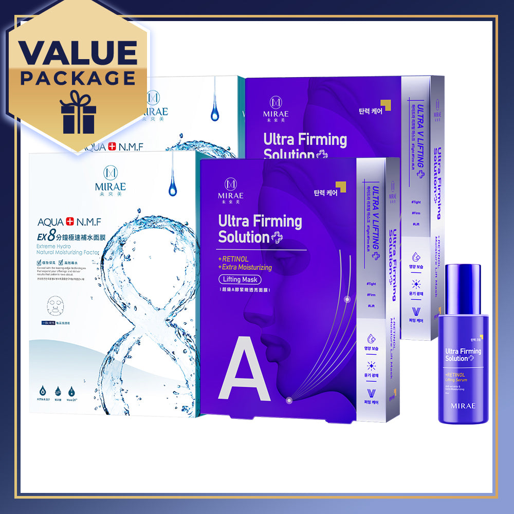 Mirae Ultra Firming Solution + Retinol Serum 30ml + Moisture Lift Mask 3s x 2 Boxes + Ex8 Minutes Hydrating Mask 5s x 2 Boxes