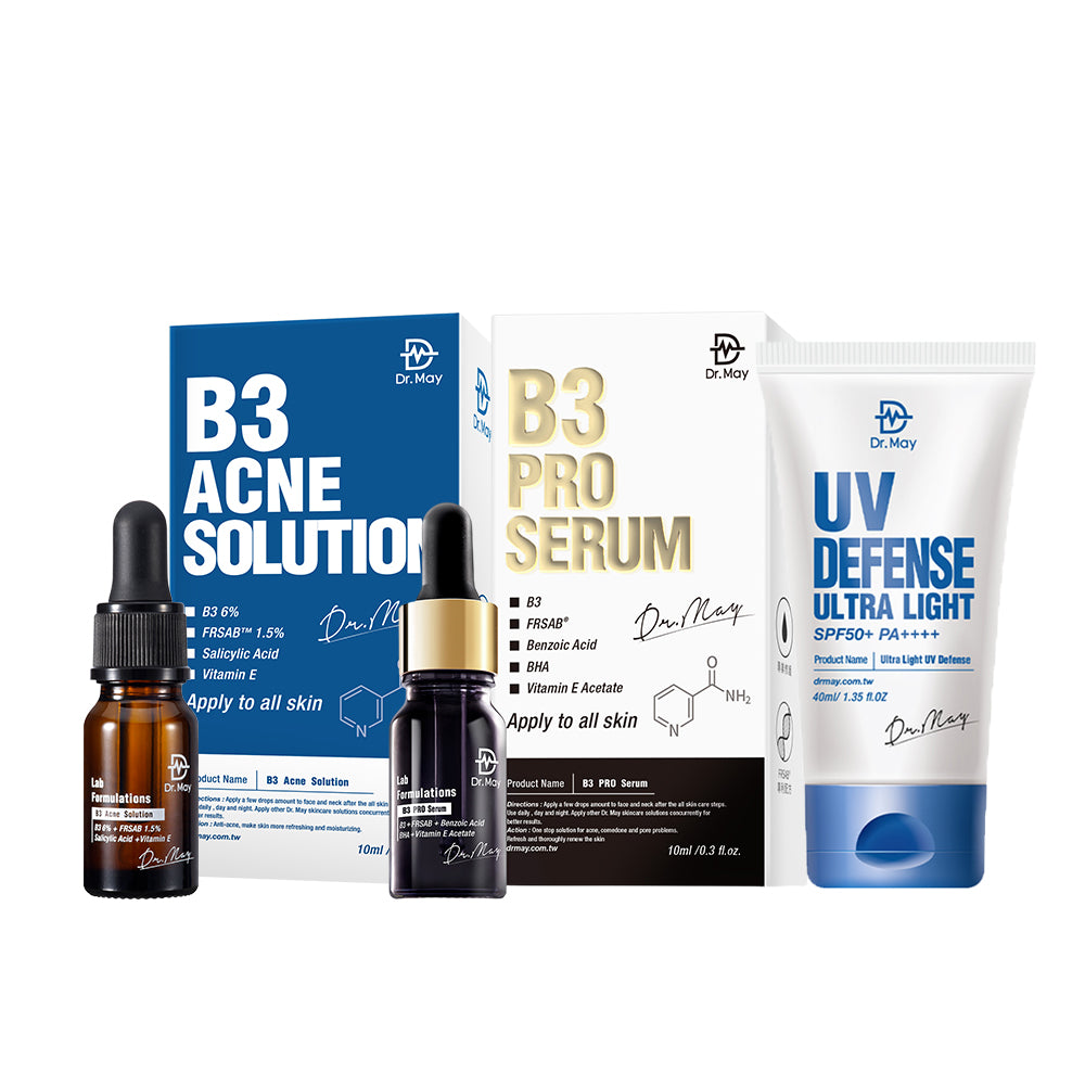 Dr May B3 Pro Serum 10ml + B3 Acne Solution Serum 10ml + Ultra Light UV Defense SPF50+ PA++++ 40ml