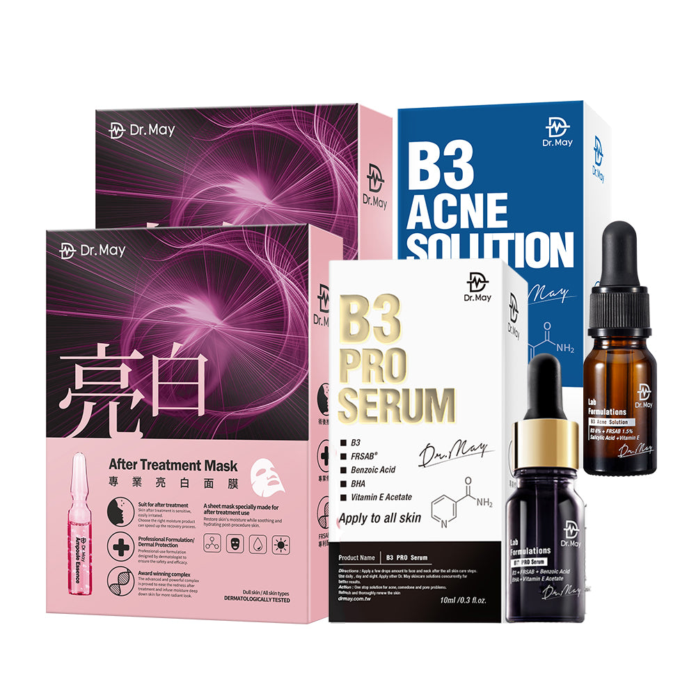 Dr May B3 Pro Serum 10ml + B3 Acne Solution Serum 10ml + After Treatment Professional Brightening Mask 4s x 2 Boxes