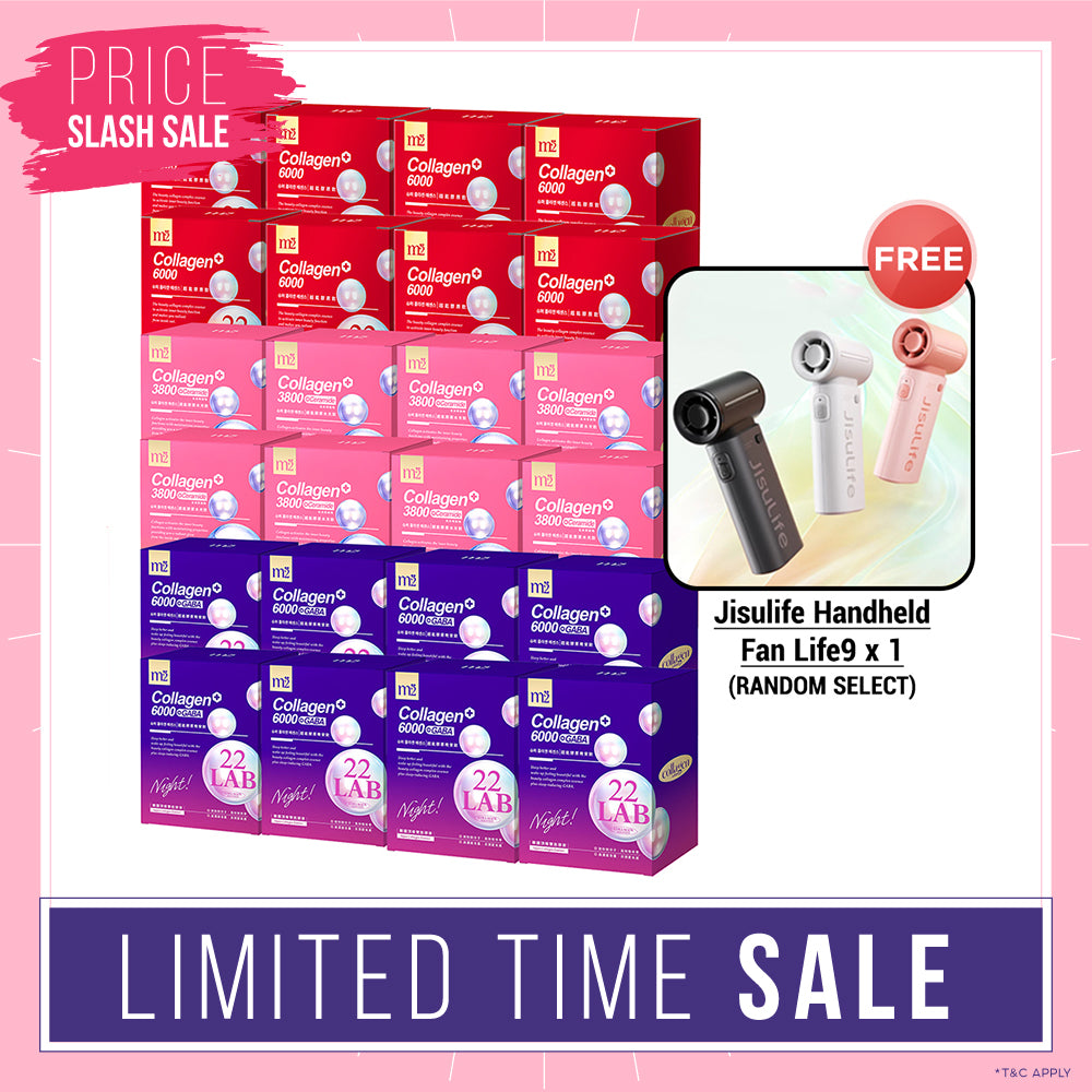 M2 22Lab Super Collagen Drink (6000mg 8s / Night + Gaba 8s / 3800+Ceramide 8s / 3800+Pearl Nest 8s) x 24 Boxes + Free Jisulife Handheld Fan Life9 x 1 (Random Select)