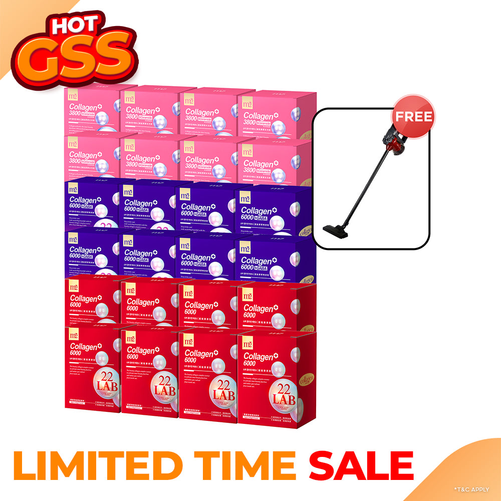 M2 22Lab Super Collagen Drink 8s x 8 Boxes + M2 22 Lab Super Collagen Night Drink + GABA 8s x 8 Boxes + M2 Super Collagen 3800 + Ceramide Drink 8s x 8 Boxes + Free Branded Vacuum Cleaner 600W with 15Kpa x 1