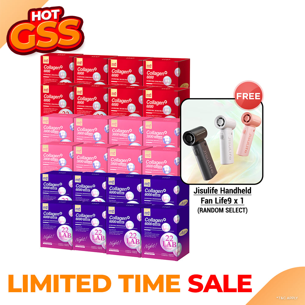 【Flash Sale】M2 22Lab Super Collagen Drink 8s x 8 Boxes + M2 22 Lab Super Collagen Night Drink + GABA 8s x 8 Boxes + M2 Super Collagen 3800 + Ceramide Drink 8s x 8 Boxes + Free Jisulife Handheld Fan Life9 x 1 (Random Select)