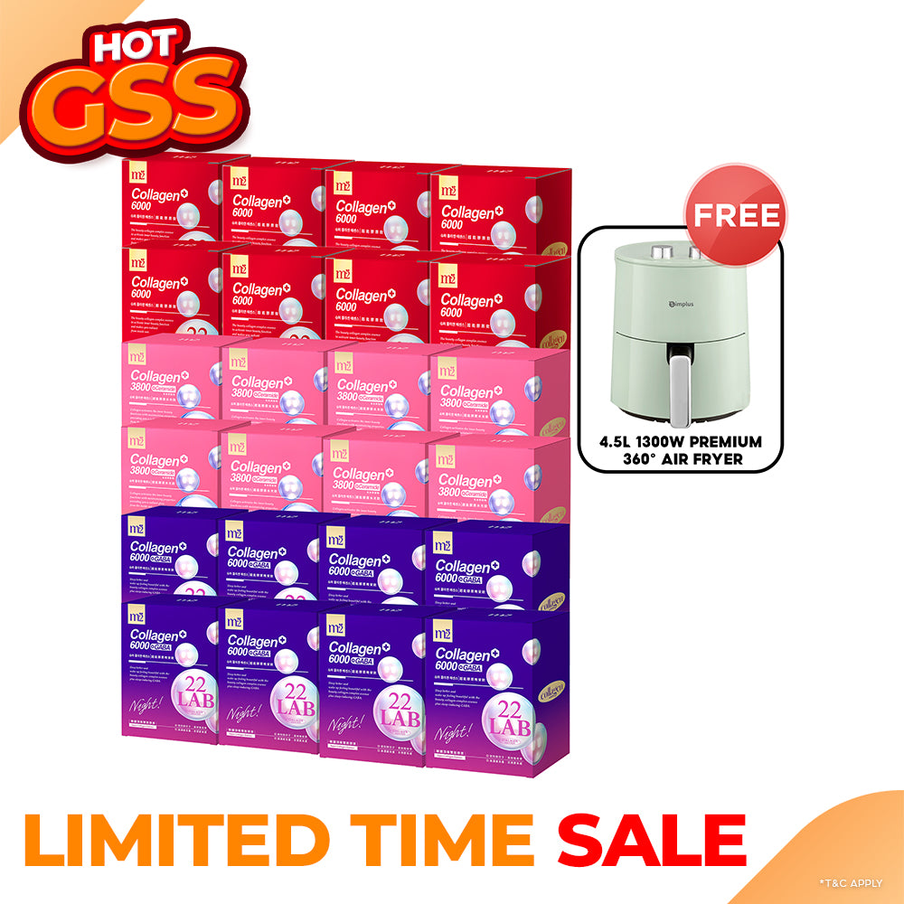 M2 22Lab Super Collagen Drink 8s x 8 Boxes + M2 22 Lab Super Collagen Night Drink + GABA 8s x 8 Boxes + M2 Super Collagen 3800 + Ceramide Drink 8s x 8 Boxes + FREE 4.5L 1300W Premium 360° Air Fryer