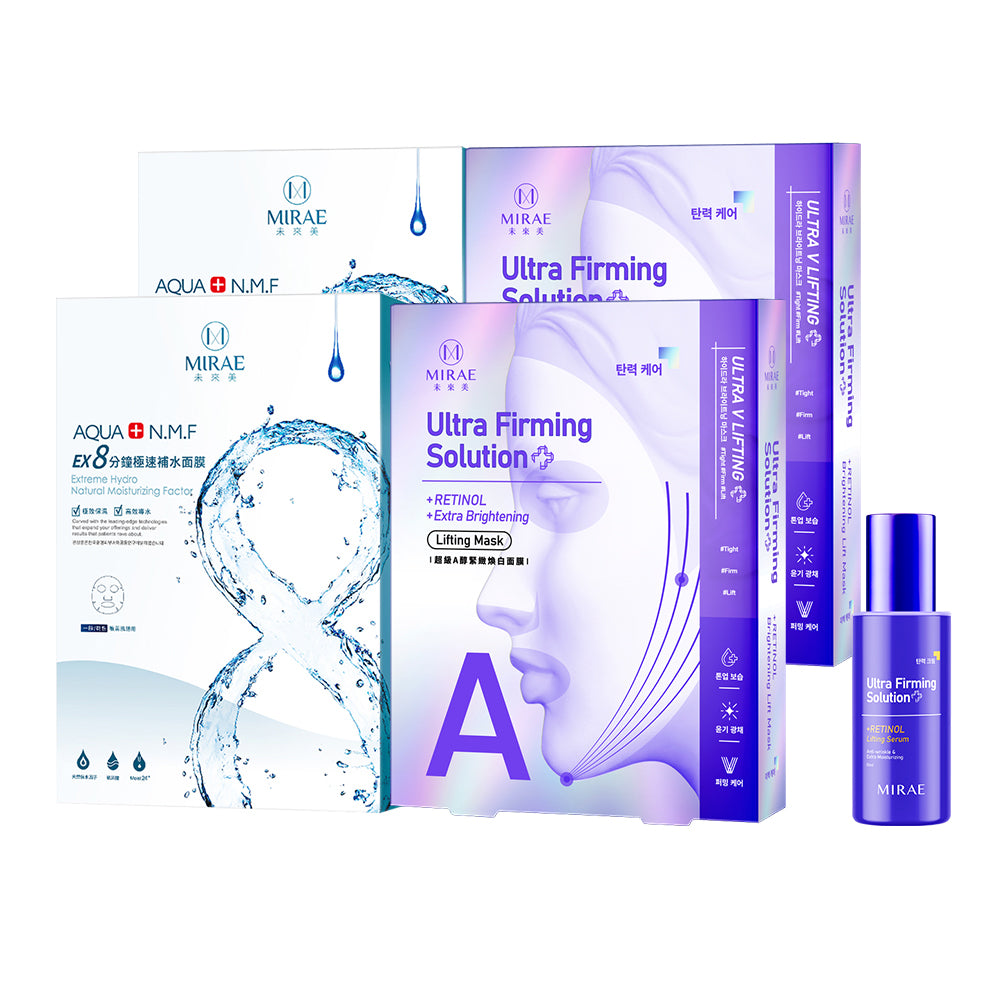 Mirae Ultra Firming Solution + Retinol Serum 30ml + Moisture Lift Mask 3s x 2 Boxes + Ex8 Minutes Hydrating Mask 5s x 2 Boxes