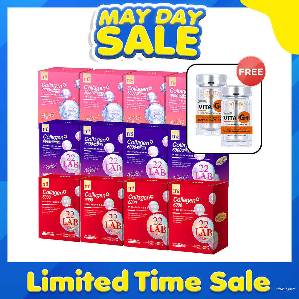 M2 22Lab Super Collagen Drink 8s x 4 Boxes + M2 22 Lab Super Collagen Night Drink + GABA 8s x 4 Boxes + M2 Super Collagen 3800 + Ceramide Drink 8s x 4 Boxes + Free Wonderfit Vita G+ 30s x 2
