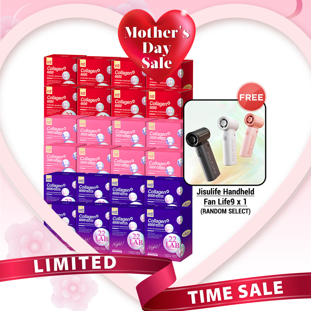 【Bundle of 24】M2 22Lab Super Collagen Drink (6000mg 8s / Night + Gaba 8s / 3800 + Ceramide / 3800+Pearl Nest 8s) x 24 Boxes + Free Jisulife Handheld Fan Life9 x 1 (Random Select)