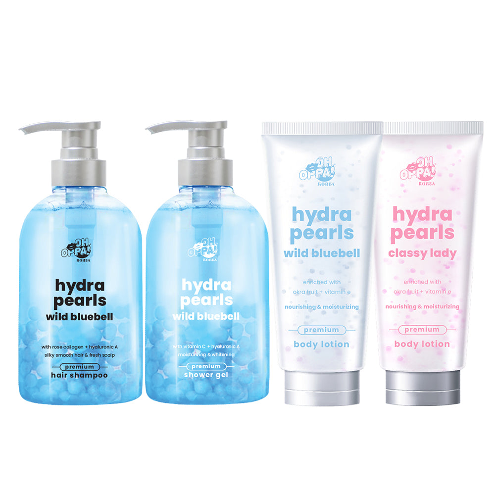 Oh Oppa Hydra Pearl Wild Bluebell Premium Body Shower Gel 500ml + Hair Shampoo 500ml + Body Lotion 150g (Wild Bluebell / Classy Lady)