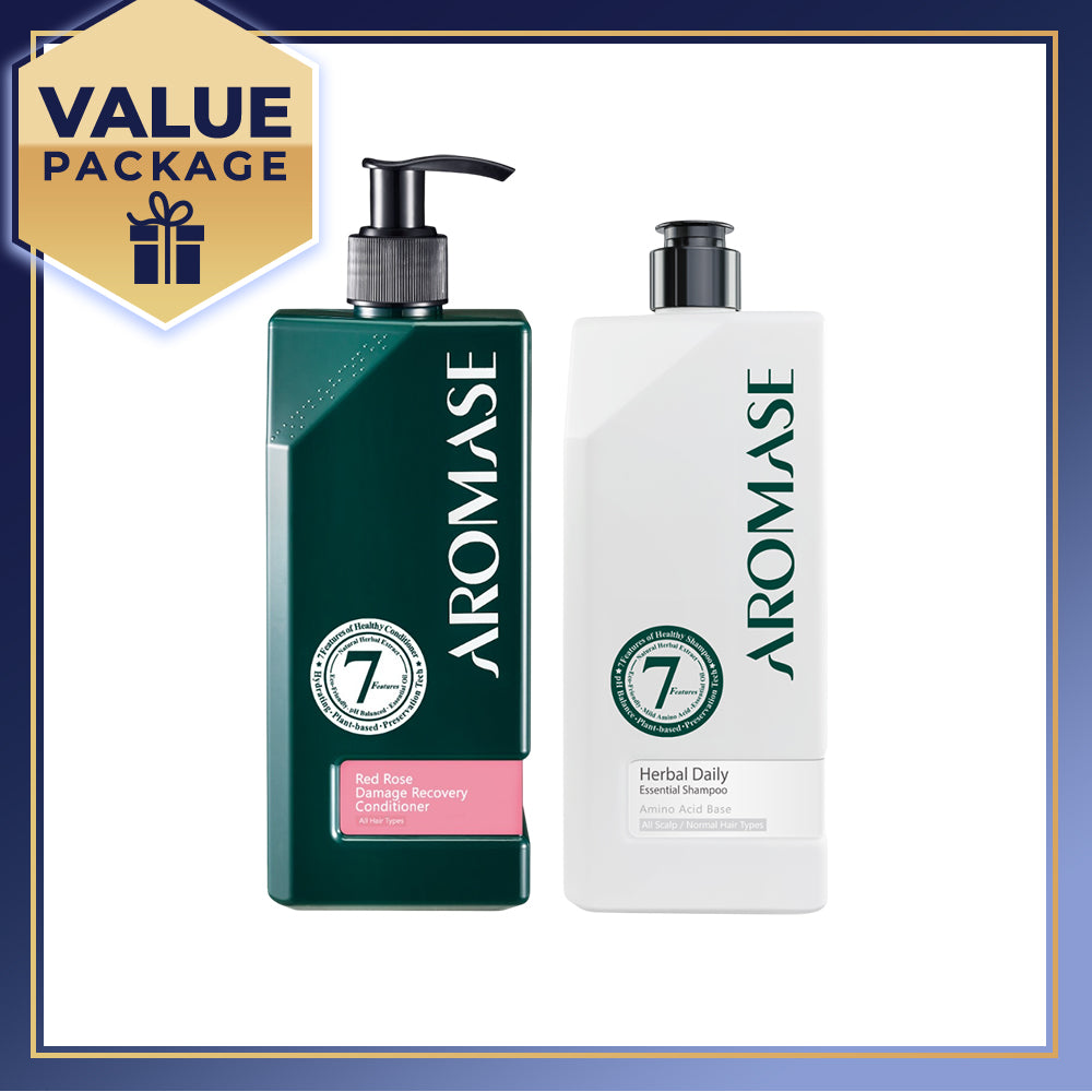 【Bundle of 2】AROMASE Herbal Daily Essential Shampoo 520ml + Aromase Red Rose Damage Recovery Conditioner 400ml