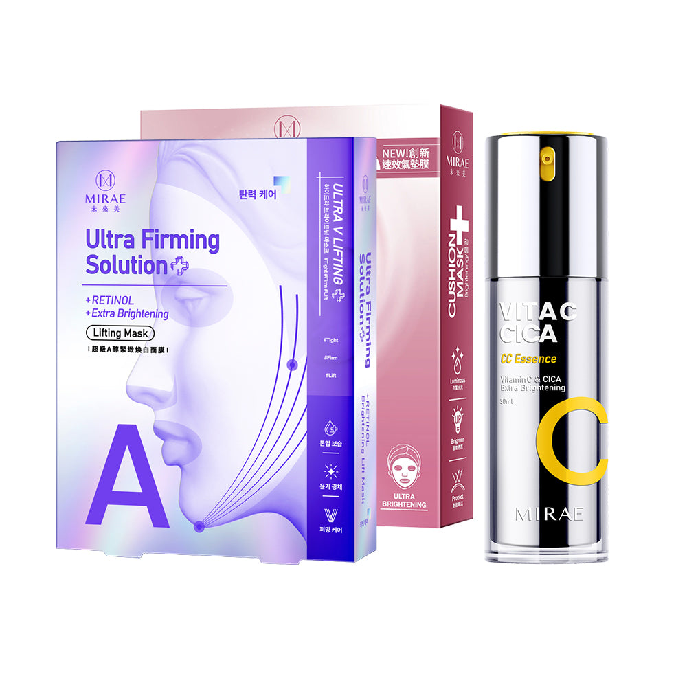 Mirae Vitamin C & CICA Extra Brightening Essence 30ml + Ultra Firming Solution + Retinol Brightening Lift Mask 3s + 8 Minutes Brightening Cushion Mask 4s