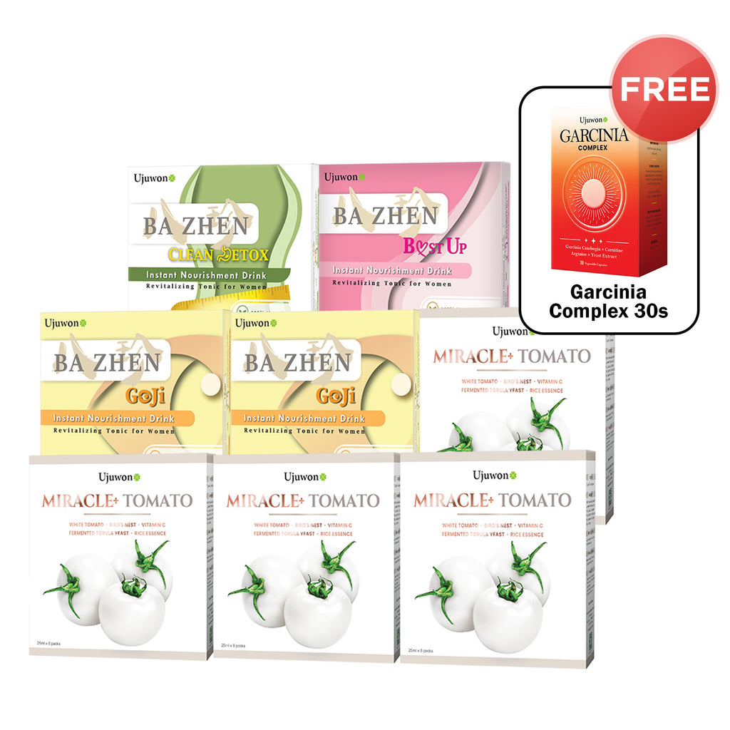 【Bundle of 8】Ujuwon Miracle+ Tomato Skin Booster 8s x 4 Boxes + B.ust Up Instant Nourishment Drink 8s + Clean Detox Instant Nourishment Drink 8s + Goji Instant Nourishment Drink 8s x 2 Boxes + FREE Garcinia Complex 30