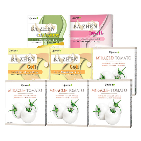 【Bundle of 8】Ujuwon Miracle+ Tomato Skin Booster 8s x 4 Boxes + B.ust Up Instant Nourishment Drink 8s + Clean Detox Instant Nourishment Drink 8s + Goji Instant Nourishment Drink 8s x 2 Boxes + FREE Garcinia Complex 30