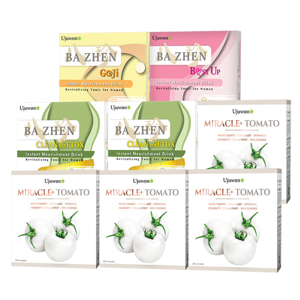 【Bundle of 8】Ujuwon Miracle+ Tomato Skin Booster 8s x 4 Boxes + B.ust Up Instant Nourishment Drink 8s + Clean Detox Instant Nourishment Drink 8s x 2 Boxes+ Goji Instant Nourishment Drink 8s + FREE Garcinia Complex 30