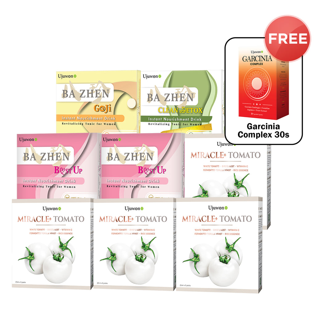 【Bundle of 8】Ujuwon Miracle+ Tomato Skin Booster 8s x 4 Boxes + B.ust Up Instant Nourishment Drink 8s x 2 Boxes + Clean Detox Instant Nourishment Drink 8s + Goji Instant Nourishment Drink 8s + FREE Garcinia Complex 30