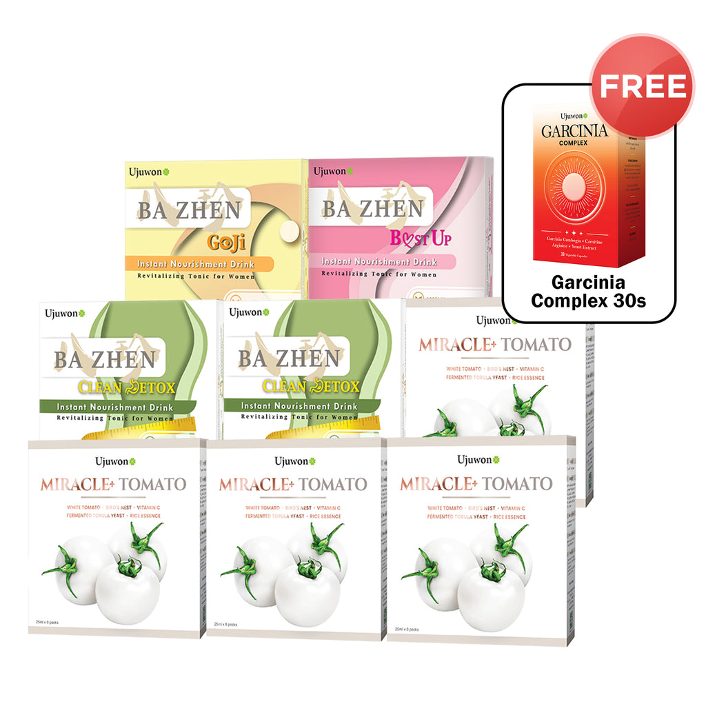 【Bundle of 8】Ujuwon Miracle+ Tomato Skin Booster 8s x 4 Boxes + B.ust Up Instant Nourishment Drink 8s + Clean Detox Instant Nourishment Drink 8s x 2 Boxes+ Goji Instant Nourishment Drink 8s + FREE Garcinia Complex 30