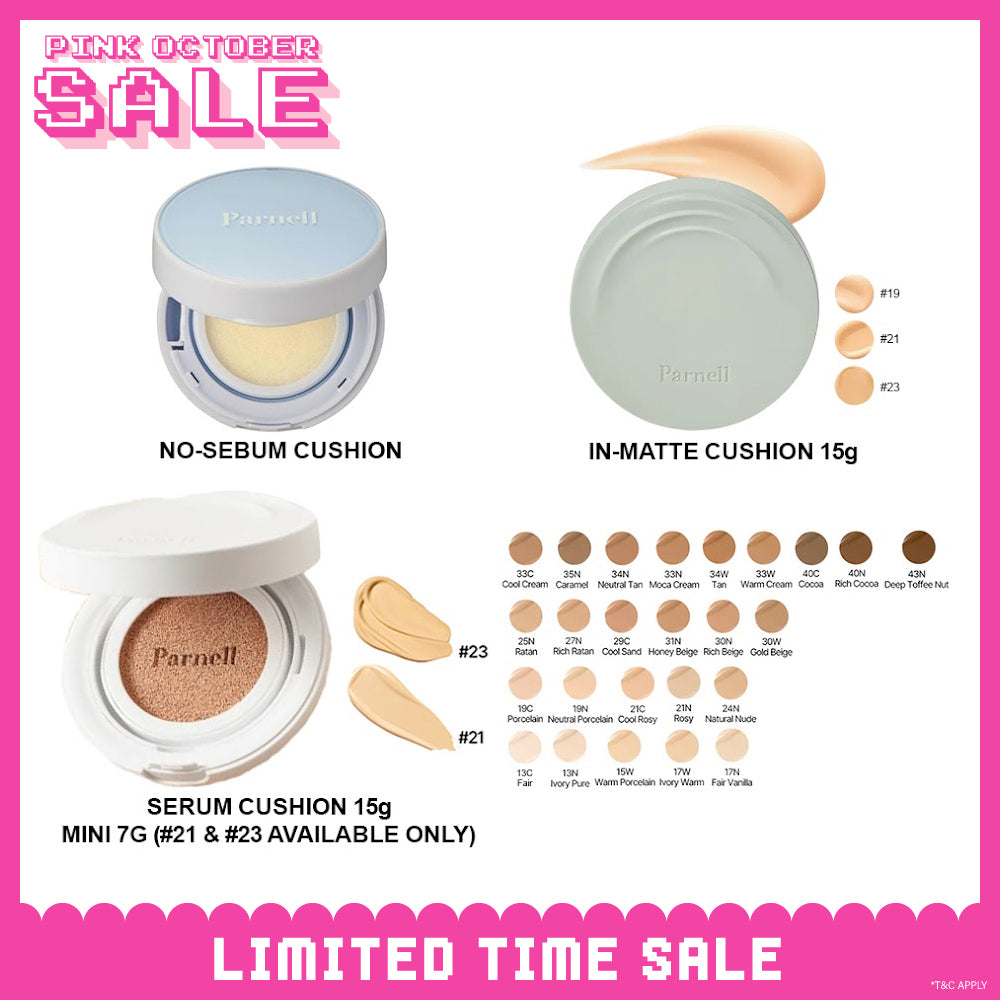 Parnell Glacial Biome Water No-Sebum Cushion 10g / Cicamanu Serum Cushion 15g (27 shades) / In-Matte 15g (3 shades)