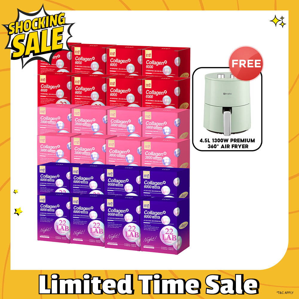 M2 22Lab Super Collagen Drink (6000mg 8s / Night + Gaba 8s / 3800+Ceramide 8s / 3800+Pearl Nest 8s) x 24 Boxes + FREE 4.5L 1300W Premium 360° Air Fryer × 1