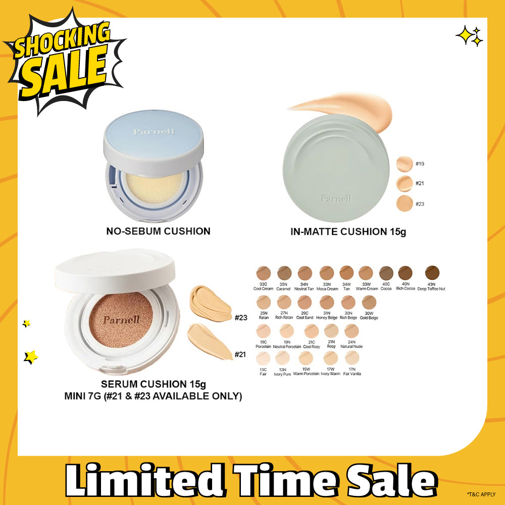 Parnell Glacial Biome Water No-Sebum Cushion 10g / Cicamanu Serum Cushion 15g (27 shades) / In-Matte 15g (3 shades)