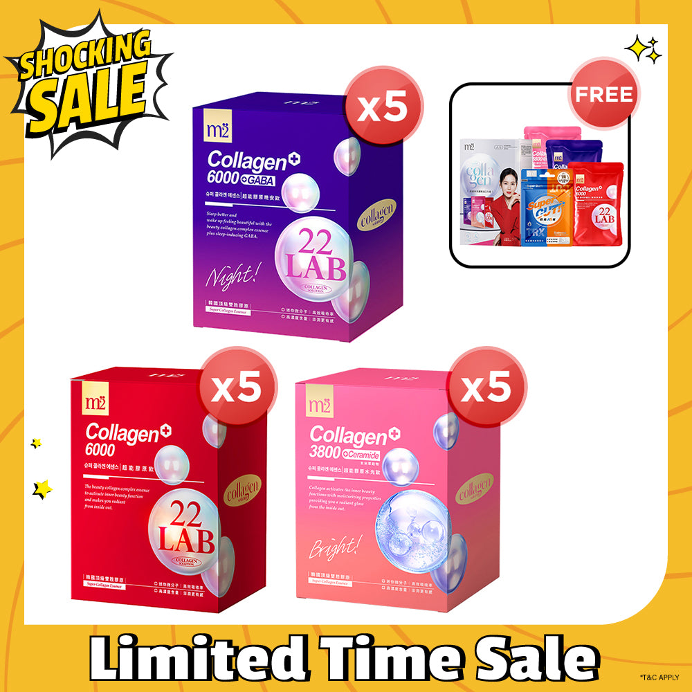 【Bundle Of 5】M2 22Lab Super Collagen Drink 8s (6000mg Drink 8s / Drink+GABA 8s / 3800 + Ceramide Drink 8s / 3800 +Pearl Nest 8s) + FREE M2 Slim+ Booster EX x 6 tablets + Firm ABS EX x 6 tablets + FREE Collagen Drink Trial Set 3s/set