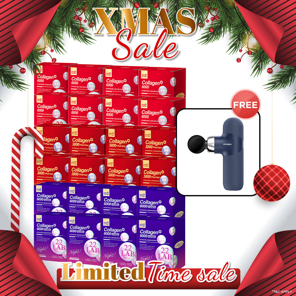 M2 22Lab Super Collagen Drink (6000mg 8s / Night + Gaba 8s / 3800+Pearl Nest 8s) x 24 Boxes + Free Hyundai PMS-019 Mini Massage Gun
