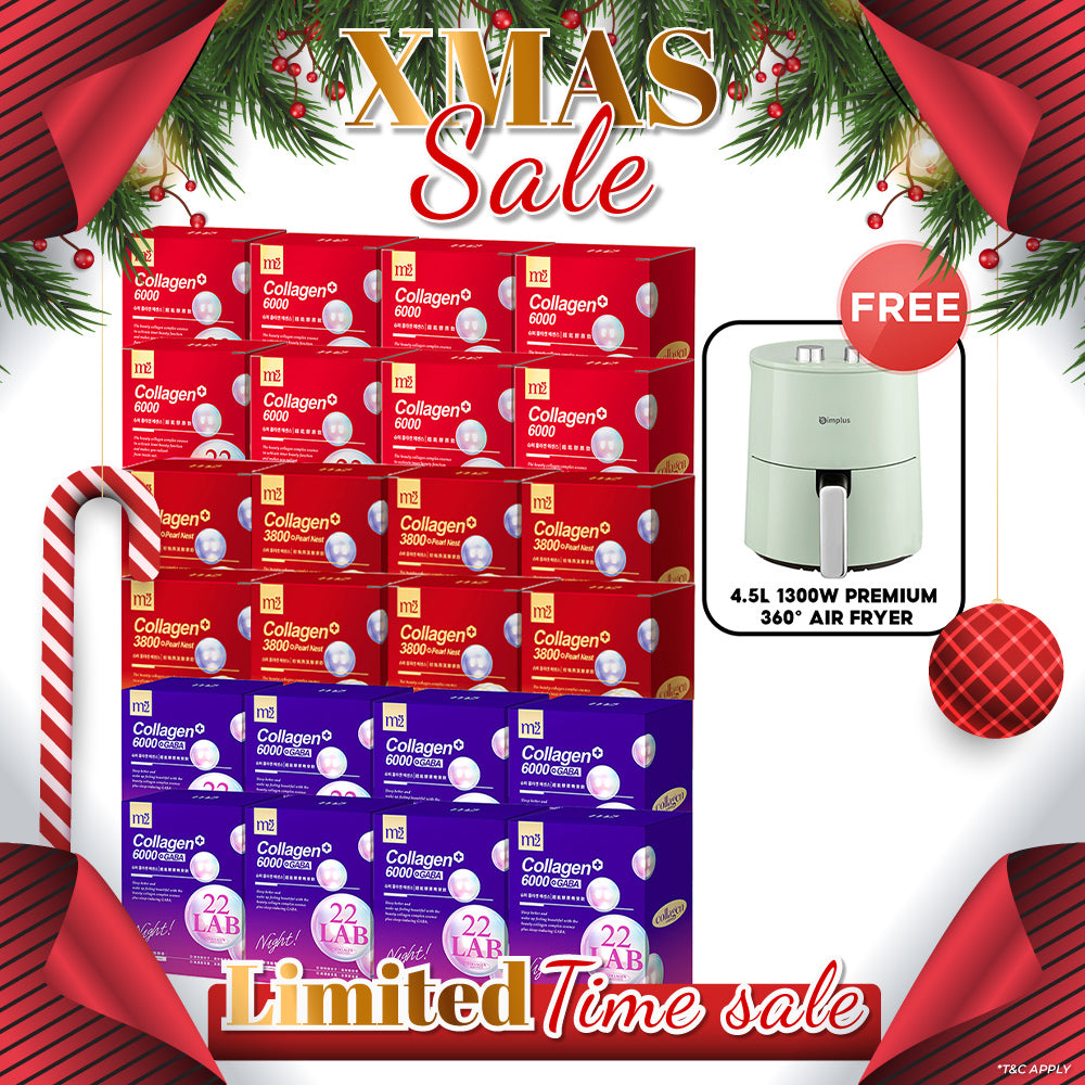 M2 22Lab Super Collagen Drink (6000mg 8s / Night + Gaba 8s / 3800+Pearl Nest 8s) x 24 Boxes + FREE 4.5L 1300W Premium 360° Air Fryer × 1