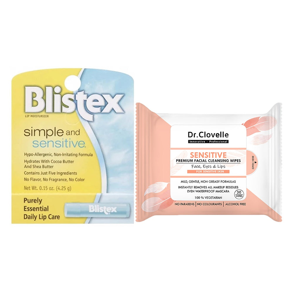 🎁 【Gift】Dr Clovelle Sensitive Premium Facial Cleansing Wipes 30s + Blistex Simple and Sensitive 4.25g (100% off)