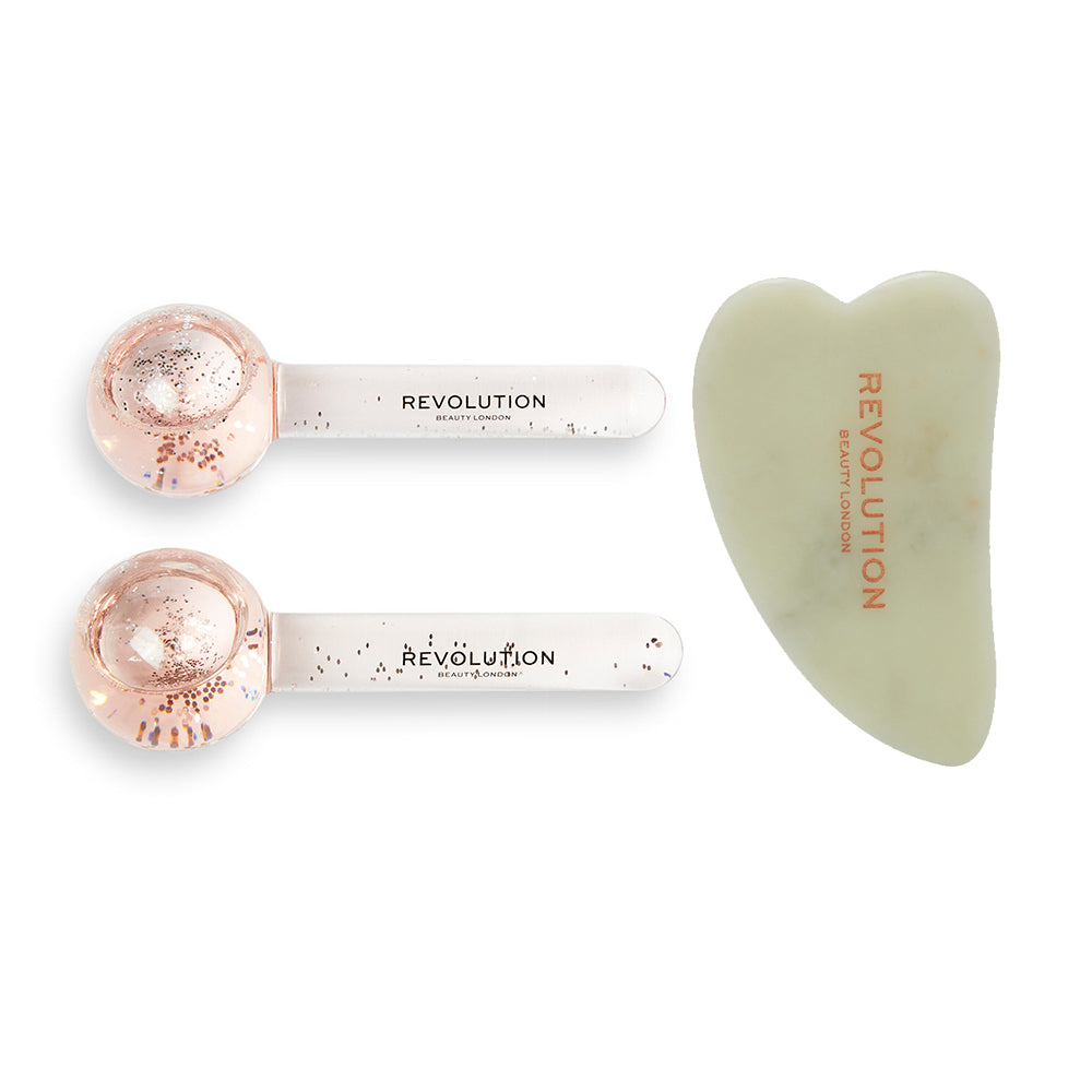 Revolution Pink Glitter Facial Ice Globes 1pair / Revolution Jade Gua Sha 1pcs