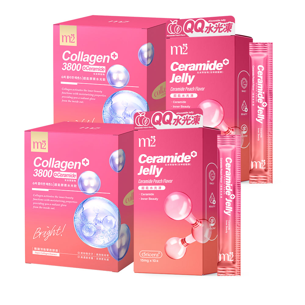 【Bundle of 4】M2 Super Collagen 3800 + Ceramide Drink 8s x 2 Boxes + M2 Ceramide Jelly Peach Flavour 10s x 2 Boxes