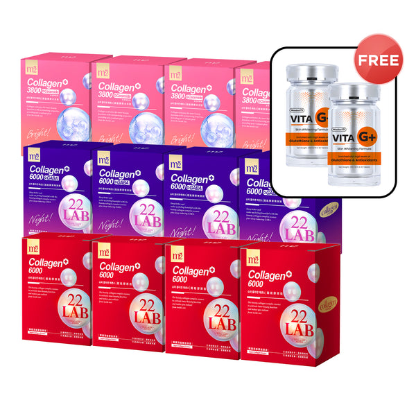 M2 22Lab Super Collagen Drink 8s x 4 Boxes + M2 22 Lab Super Collagen Night Drink + GABA 8s x 4 Boxes + M2 Super Collagen 3800 + Ceramide Drink 8s x 4 Boxes + Free Wonderfit Vita G+ 30s x 2