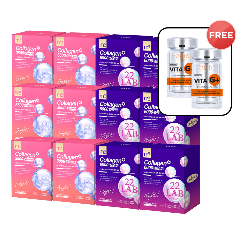 M2 22 Lab Super Collagen Night Drink + GABA 8s x 6 Boxes + M2 Super Collagen 3800 + Ceramide Drink 8s x 6 + Free Wonderfit Vita G+ 30s x 2